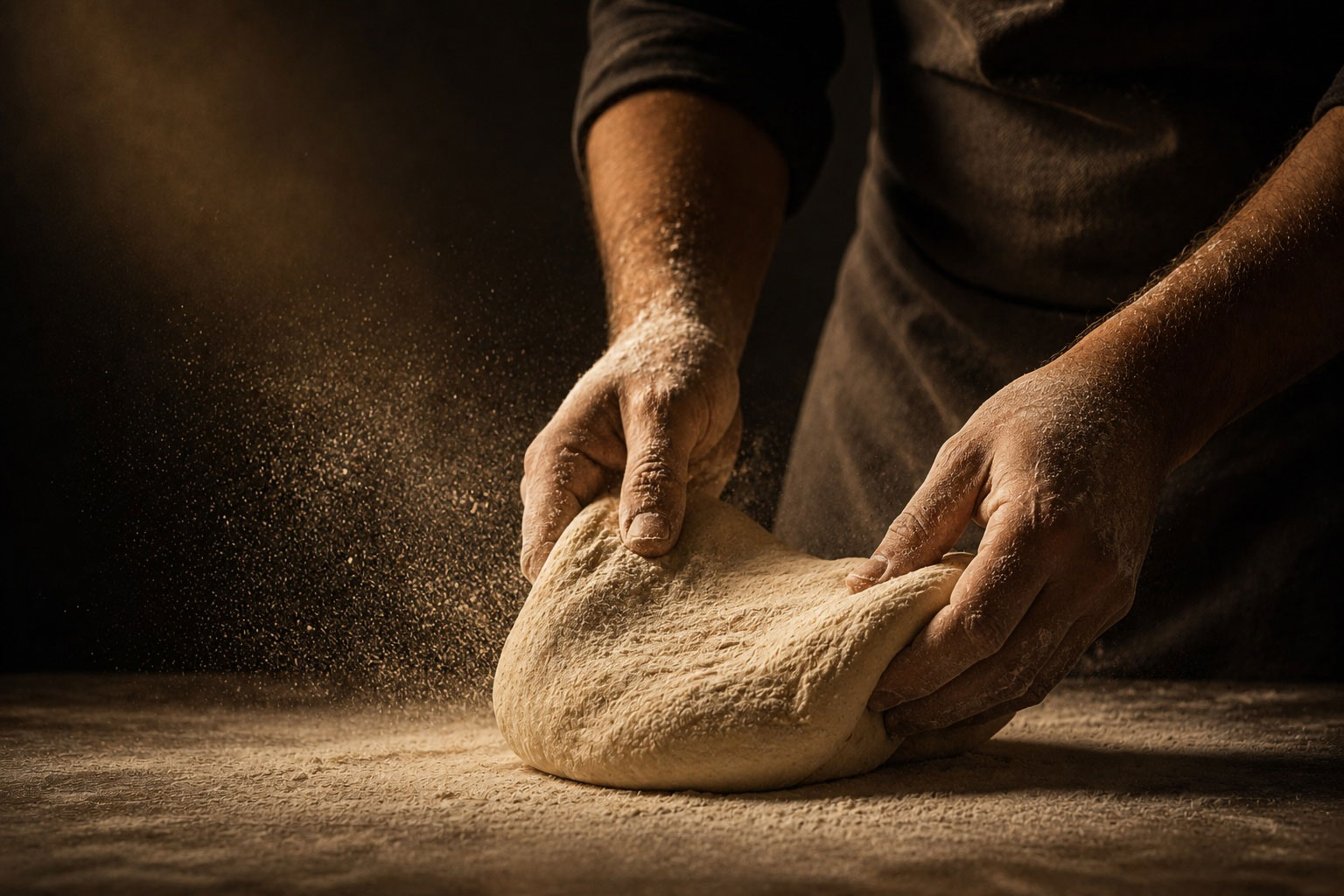 Baker's hands preparing dough