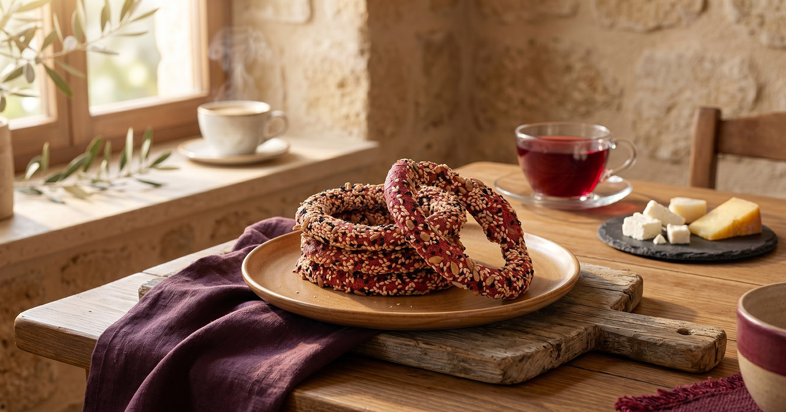 Kourkoulos Beetroot Bread Rings on the table