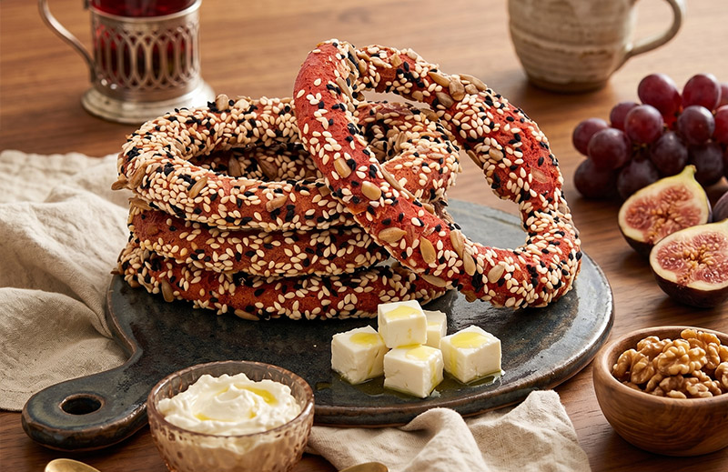 Kourkoulos Beetroot Bread Rings on the table
