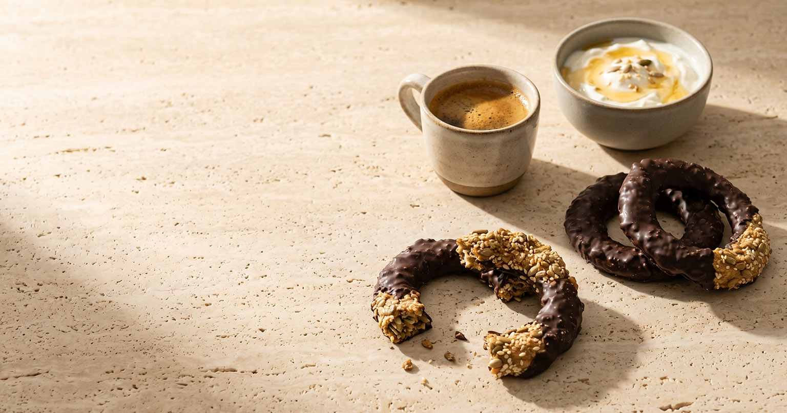 Kourkoulos Multiseed Bread Rings with Chocolate on the table