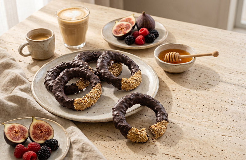 Kourkoulos Multiseed Bread Rings with Chocolate on the table