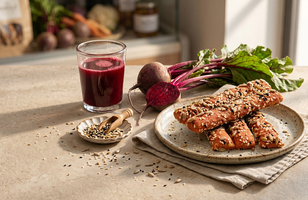 Kourkoulos Beetroot Breadsticks on the table
